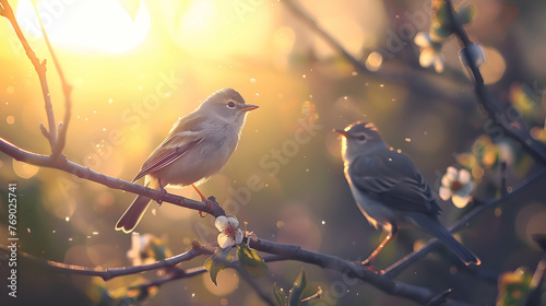 Diurnal birds chirping melodiously under the morning sun photo