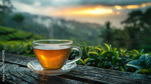 a cup of tea against the background of a tea plantation