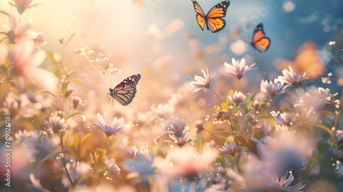Diurnal butterflies fluttering amidst blooming flowers in daylight
