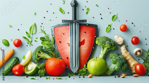The shield and sword are like vegetables fighting against unhealthy food. Demonstrate preventative care photo