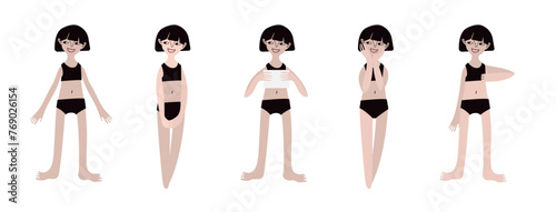 Five Asian girls in swimsuits. Calm standing poses: thumbs up, piece of paper in hands. Pale skin and dark hair. Vector illustration in flat style