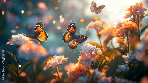 Diurnal butterflies fluttering amidst blooming flowers in daylight photo