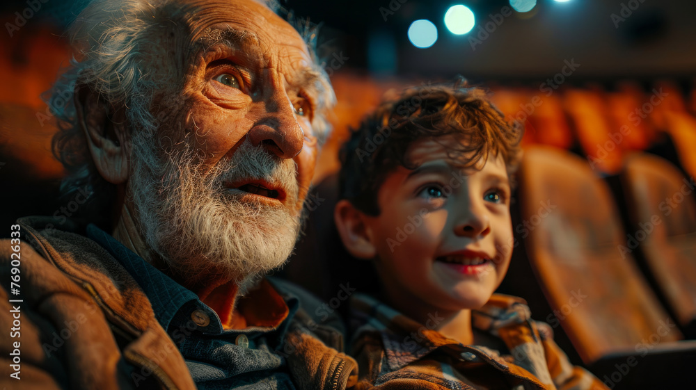 Elderly man and boy in movie theater.