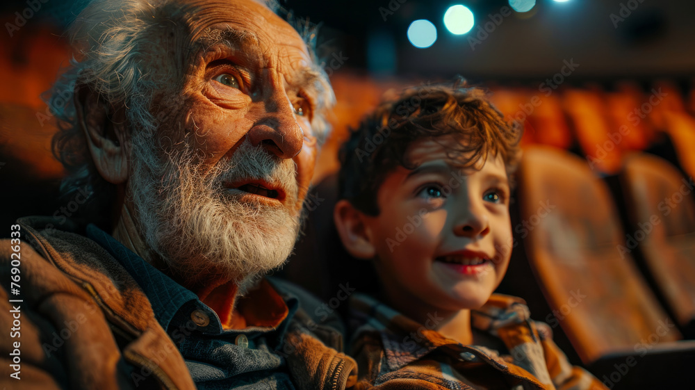 Elderly man and boy in movie theater. Elderly man and boy in movie theater.