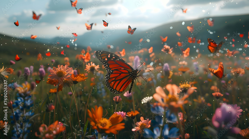 Diurnal butterflies gracefully flitting among wildflowers