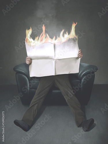 Illustration of man reading a burning newspaper, surreal bad news concept