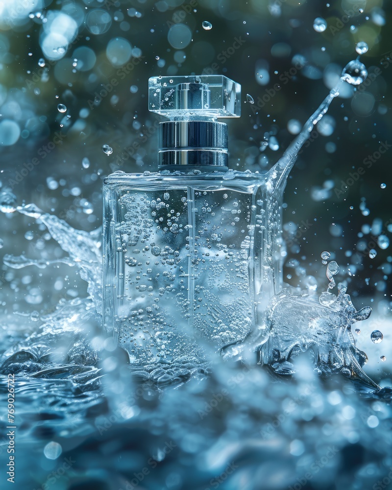 Close up of a perfume glass splashed in the water on a clean and dark background Close up of a perfume glass splashed in the water on a clean and dark background