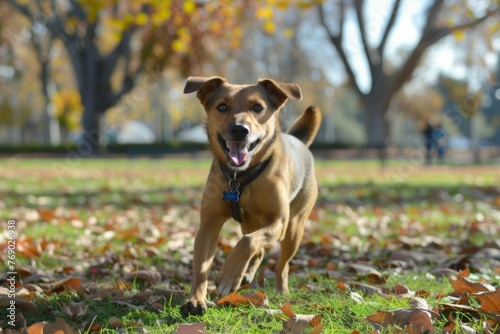 A puppy dog playing and running happily through the park at sunset in autumn