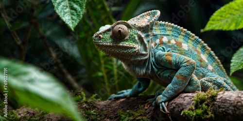   A photo of a chameleon on a tree branch in a dense forest surrounded by green foliage
