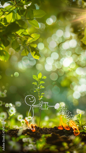A man is watering a plant with a watering can. The plant is small and he is a seedling. The scene is set in a lush green forest with lots of trees and plants