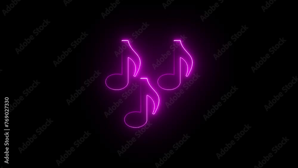 Glowing neon line musical note icon on black background. Music symbol neon color reveal and glowing loop effect animation.