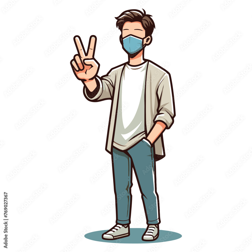 Man showing peace sign vector illustration, happy male gesturing peace victory sign with hand, gladness, joyfulness, positive emotion design template isolated on white background Man showing peace sign vector illustration, happy male gesturing peace victory sign with hand, gladness, joyfulness, positive emotion design template isolated on white background
