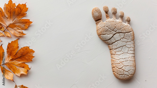 A foot made of sugar is on a white background with leaves. The foot is cracked and has a rough texture