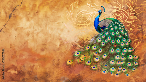 Web poster with a beautiful peacock with a bright giant tail dancing on a sand-colored background, copy space for text