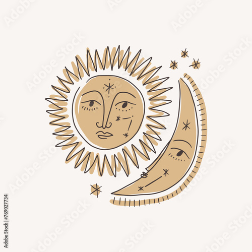Moon and sun faces, set of beautiful mystical cartoon doodle elements in whimsical boho style, sunshine and crescent space cosmic symbols. Design elements for posters, leaflets, tattoos, stickers and