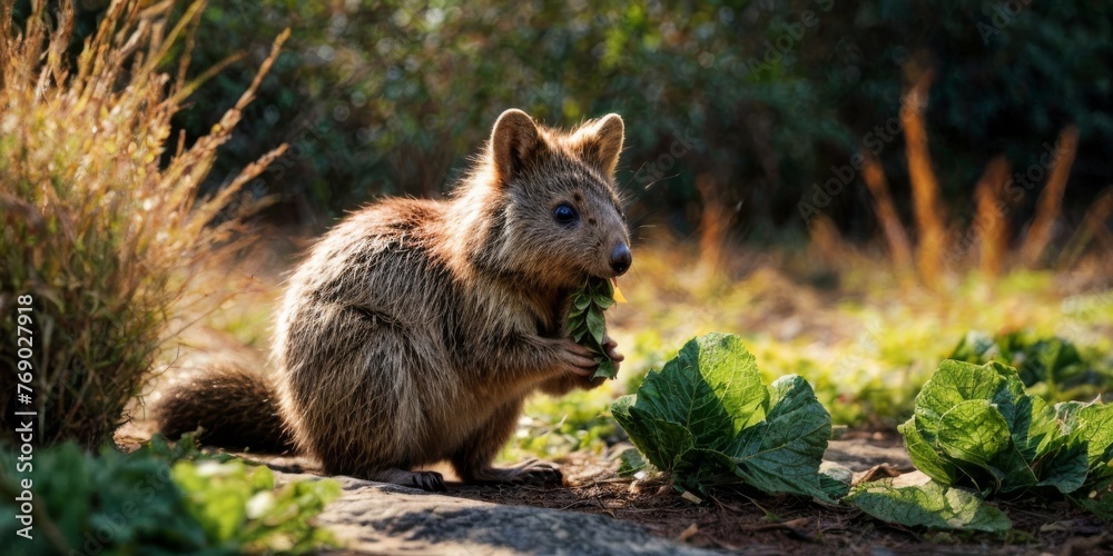 Naklejka premium A macro shot of a diminutive creature nibbling on lettuce amidst towering arboreal formations