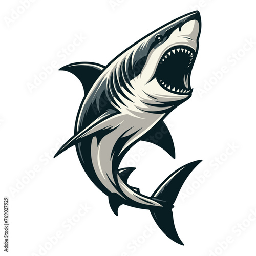 Angry wild great white shark design illustration, marine predator animal element illustration, swimming toothy shark vector template isolated on white background