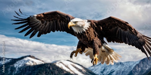   A bald eagle soars through the air against mountains in the background