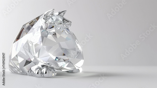 A white horse made of diamonds is laying on a table. The diamond horse is a unique and beautiful piece of art that showcases the beauty of diamonds