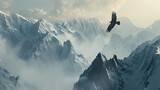 Eagle soaring high above rugged mountain peaks