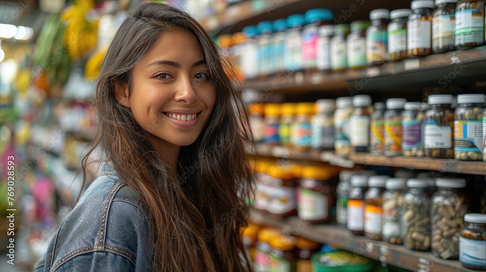 Hispanic woman faces a sea of vitamin bottles, torn between health choices in a wide-angle grocery store scene.