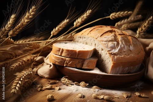 a loaf of bread on a plate next to wheat ears
