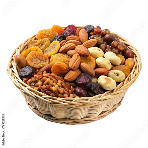 A basket full of mixed dried fruits and nuts isolated on a transparent background