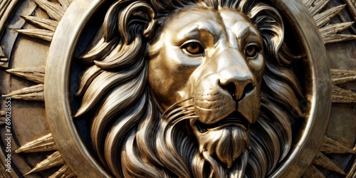   A lion's head close-up in a circular metal frame on a building's door photo
