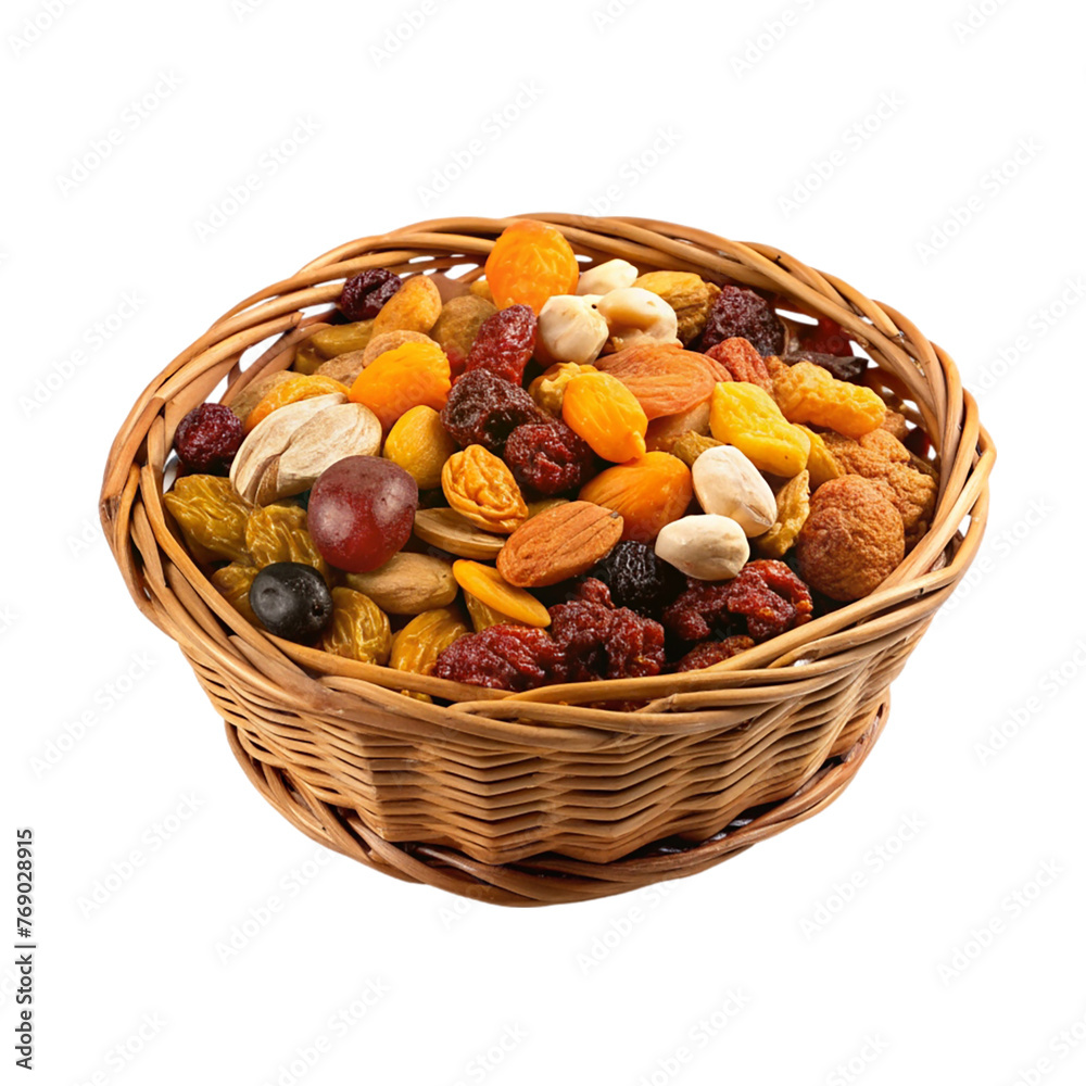 A basket full of mixed dried fruits and nuts isolated on a transparent background A basket full of mixed dried fruits and nuts isolated on a transparent background