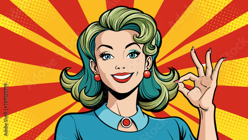 pop art cute retro woman in comics style with ok s 