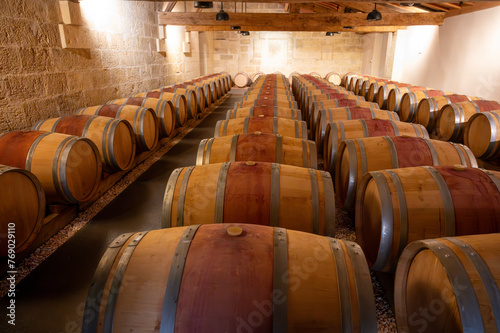 French oak wooden barrels for aging red wine in cellar, Saint-Emilion wine making region picking, sorting with hands and crushing Merlot or Cabernet Sauvignon red wine grapes, France, Bordeaux