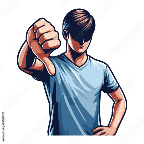 Man showing thumbs down vector illustration, unhappy male gesturing disapproval sign, dislike, disagreement, negative expression. design template isolated on white background