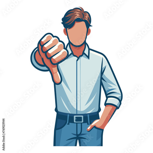 Man showing thumbs down vector illustration, unhappy male gesturing disapproval sign, dislike, disagreement, negative expression. design template isolated on white background