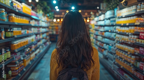 Wallpaper Mural Hispanic woman faces a sea of vitamin bottles, torn between health choices in a wide-angle grocery store scene. Torontodigital.ca