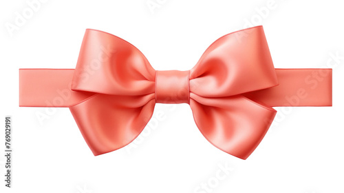 Beautiful shiny silk coral bow isolated on transparent background, decorative design png element, clip art festive object.