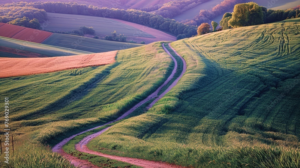 Curved Trail Dividing Lush Green and Golden Fields in Sunlight