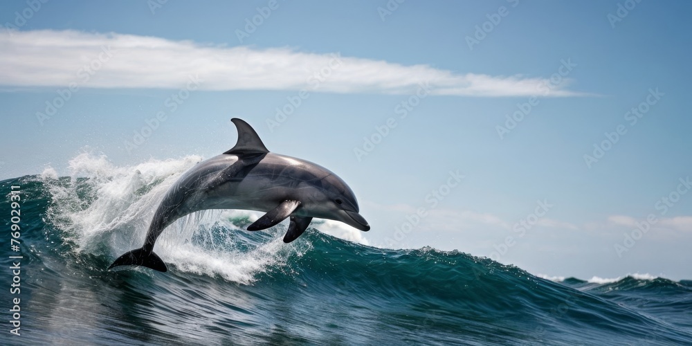 Obraz premium A dolphin leaps from the water, cresting a wave, its head exposed above the surface