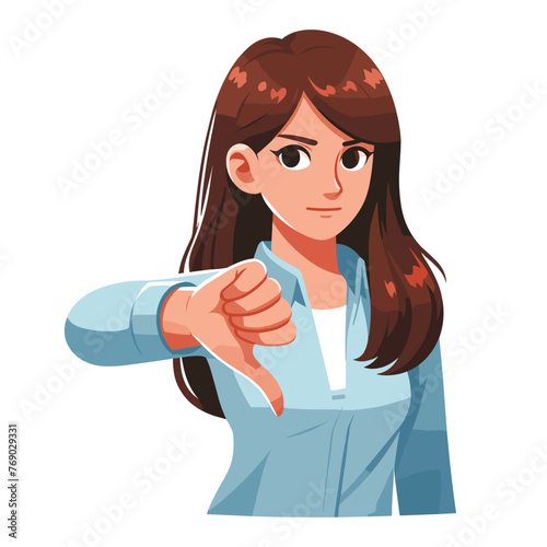 Woman showing thumbs down design illustration, unhappy girl gesturing dislike, disapproval sign, negative expression, disagreement. vector template isolated on white background