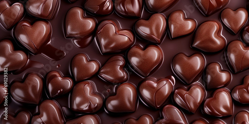 Close-up of luxurious glossy chocolate hearts background