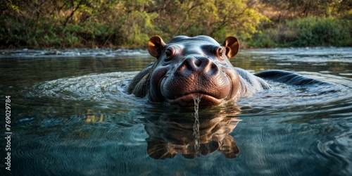  A hippo in water with trees