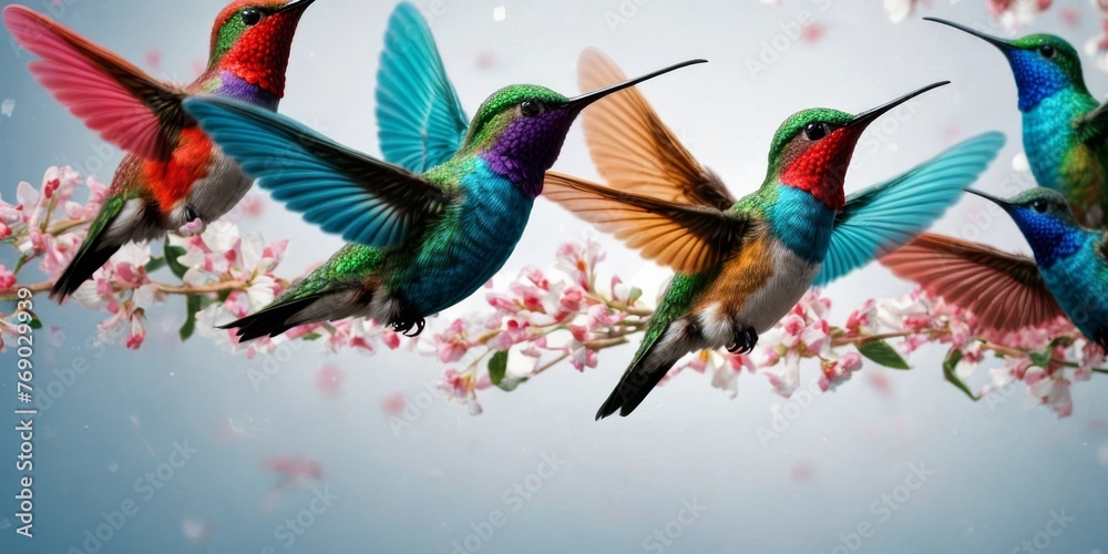 A cluster of vibrant hummingbirds perched atop a blossoming tree under the warm rays of sunlight A cluster of vibrant hummingbirds perched atop a blossoming tree under the warm rays of sunlight