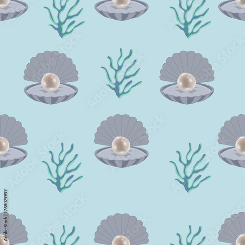 Seamless pattern with pearl shell. Colorful seamless pattern with sea shells. Trendy cartoon pattern of pearl shells for wrapping paper, wallpaper, stickers, notebook cover.