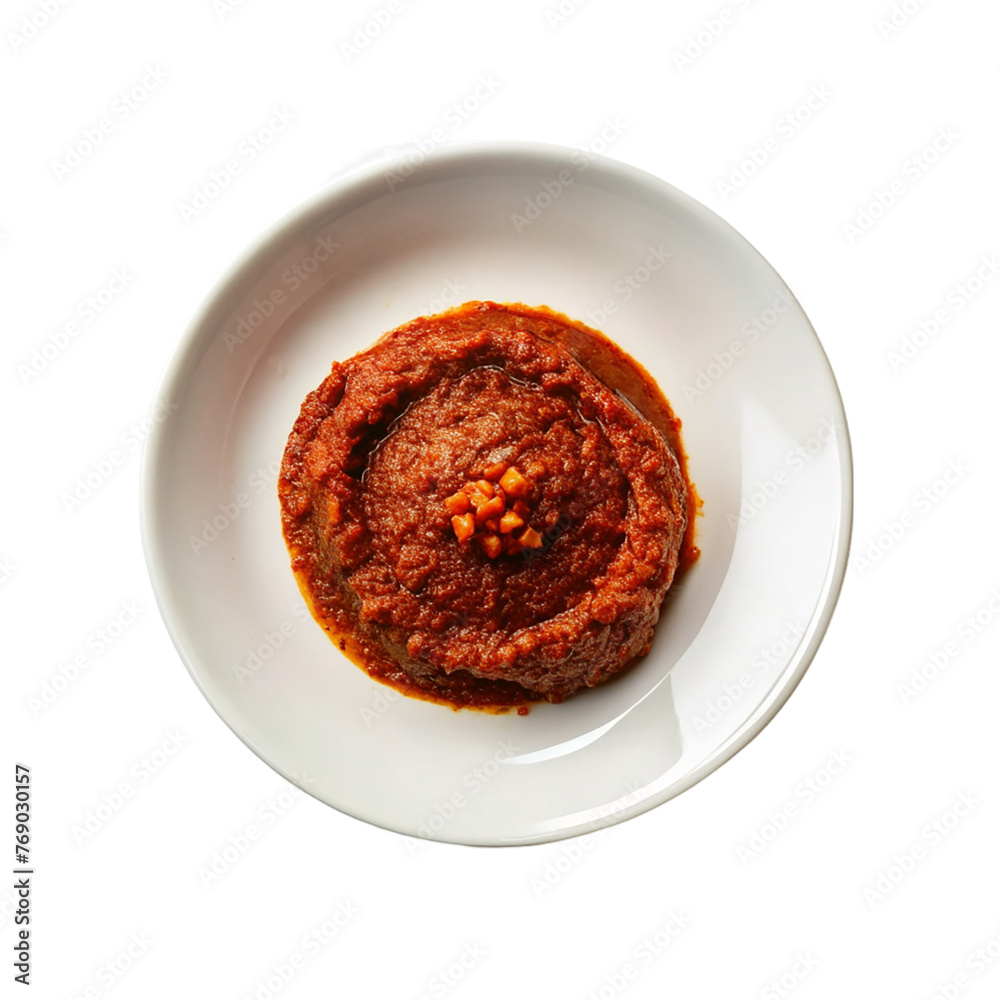 Plate of tomato paste isolated on transparent background. Top view. Plate of tomato paste isolated on transparent background. Top view.