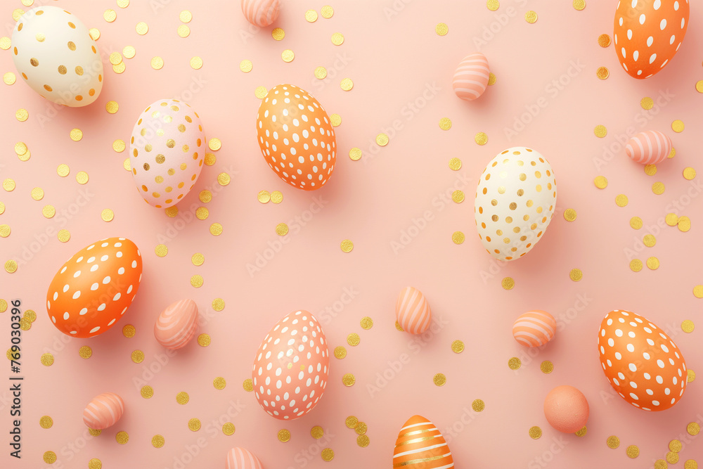 Handmade decorated pink and orange Easter eggs on peach color background Handmade decorated pink and orange Easter eggs on peach color background