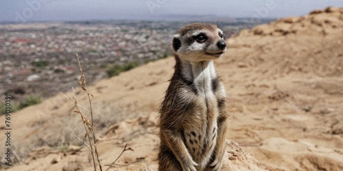   A meerkat atop a hill surveys the cityscape in the distance