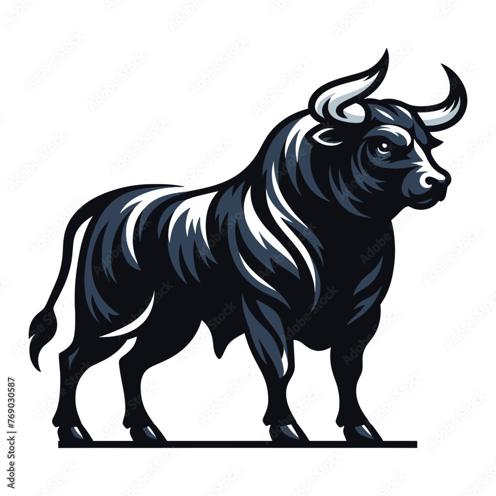 Strong bull full body vector mascot illustration, angry horned bull concept, farm animal or butcher shop graphic template, design isolated on white background