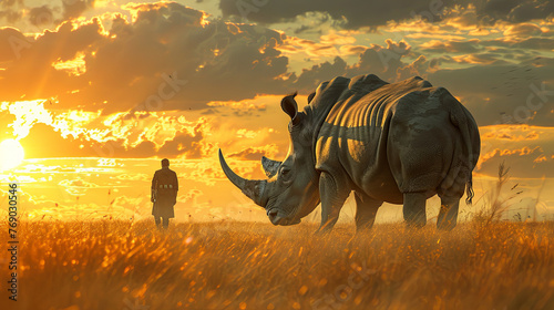 Fantastic situation back view man with big rhinoceros in the savanna
