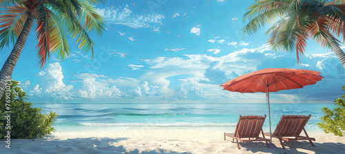 Beach chairs and umbrella on the tropical beach background, travel concept 