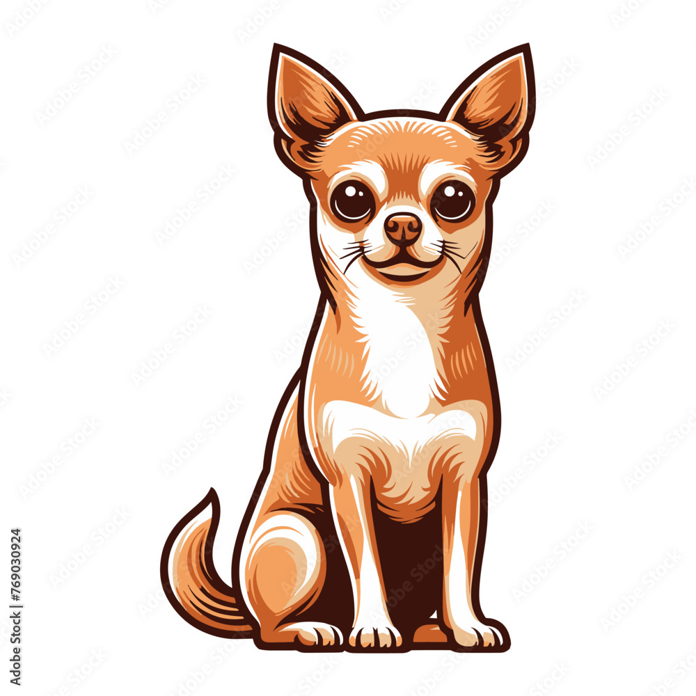 Cute chihuahua dog full body vector illustration, funny adorable pet animal, sitting purebred chihuahua doggy flat design template isolated on white background