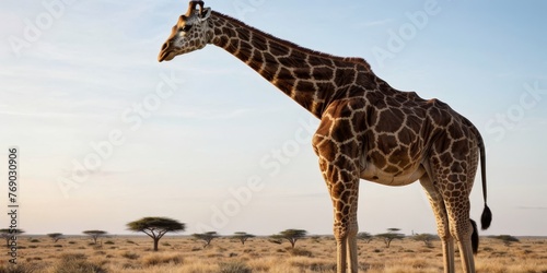   A giraffe stands in a field surrounded by trees and a blue sky